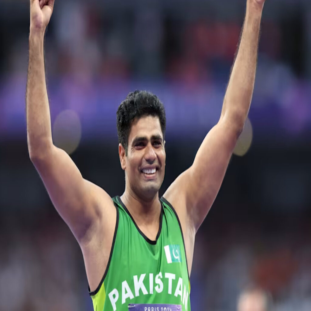 Arshad Nadeem during his record-breaking javelin throw at the Paris Olympics 2024